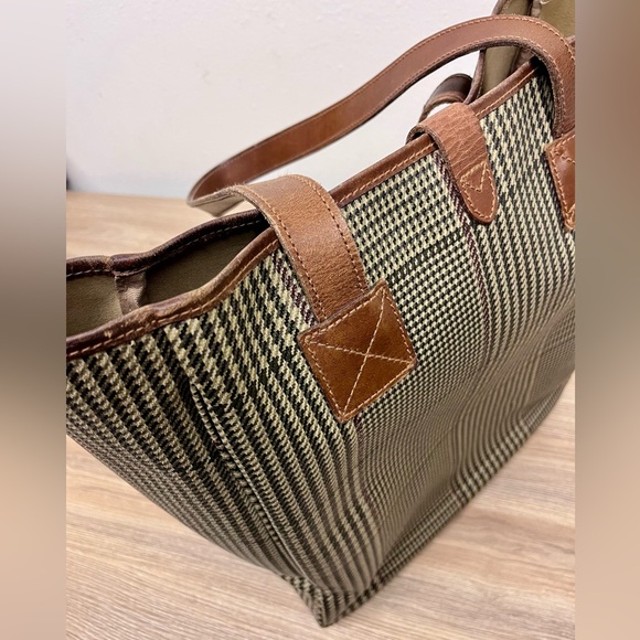 Vintage Polo Ralph Lauren Large Canvas Leather Tote Bag Plaid Houndstooth Brown - Picture 7 of 10